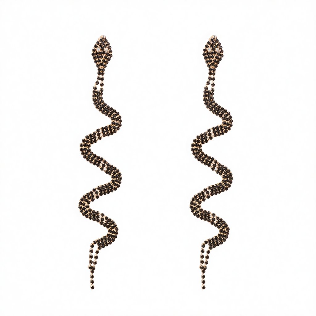 Black Cubic Zirconia and 18K Gold-Plated Snake Drop Earrings, gold drop earrings for women, elegant gift for her, side view