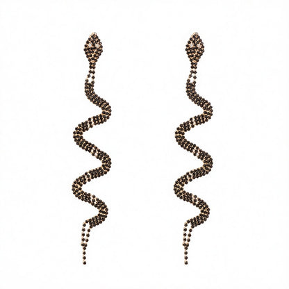 Black Cubic Zirconia and 18K Gold-Plated Snake Drop Earrings, gold drop earrings for women, elegant gift for her, side view