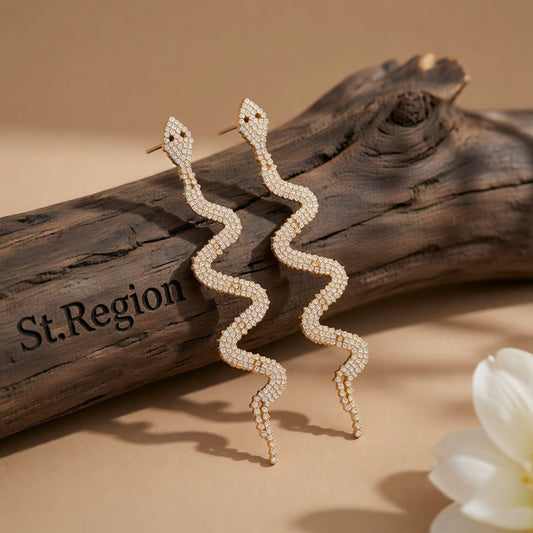Cubic Zirconia and 18K Gold-Plated Snake Drop Earrings, gold drop earrings for women, elegant gift for her, front view