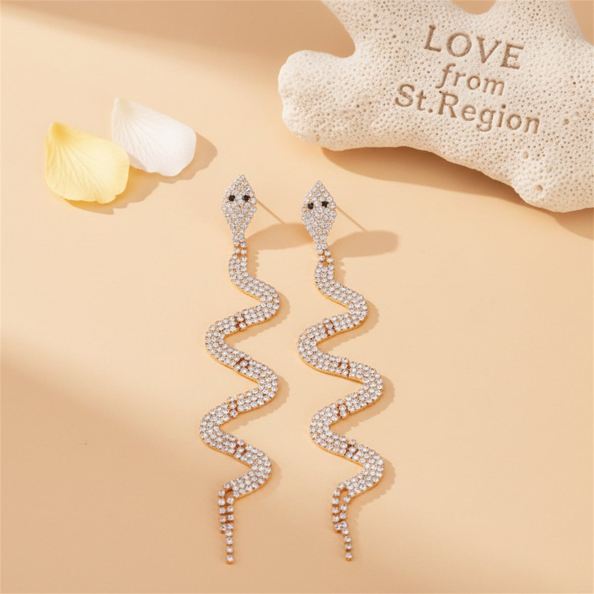 Cubic Zirconia and 18K Gold-Plated Snake Drop Earrings, gold drop earrings for women, elegant gift for her, lifestyle look
