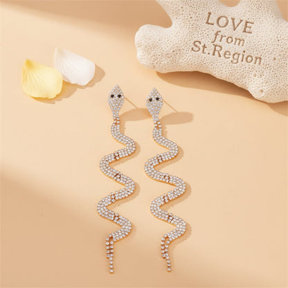 Cubic Zirconia and 18K Gold-Plated Snake Drop Earrings, gold drop earrings for women, elegant gift for her, lifestyle look