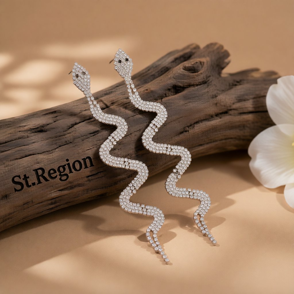Cubic Zirconia and Silver-Plated Snake Drop Earrings, silver drop earrings for women, vintage-inspired design, front view