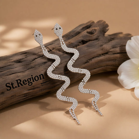 Cubic Zirconia and Silver-Plated Snake Drop Earrings, silver drop earrings for women, vintage-inspired design, front view
