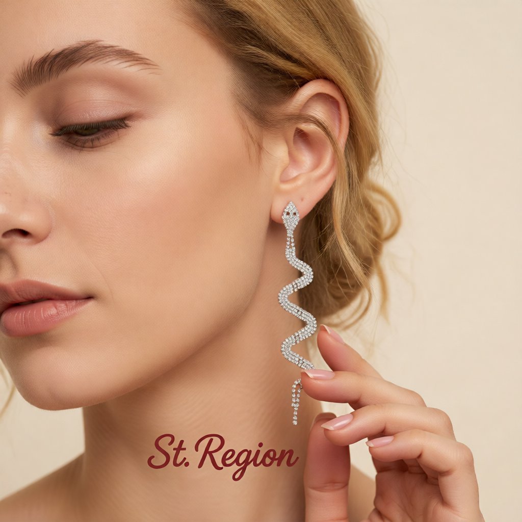 Cubic Zirconia and Silver-Plated Snake Drop Earrings, silver drop earrings for women, vintage-inspired design, styled look