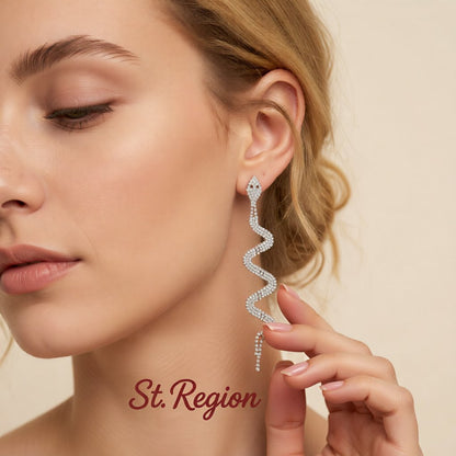 Cubic Zirconia and Silver-Plated Snake Drop Earrings, silver drop earrings for women, vintage-inspired design, styled look