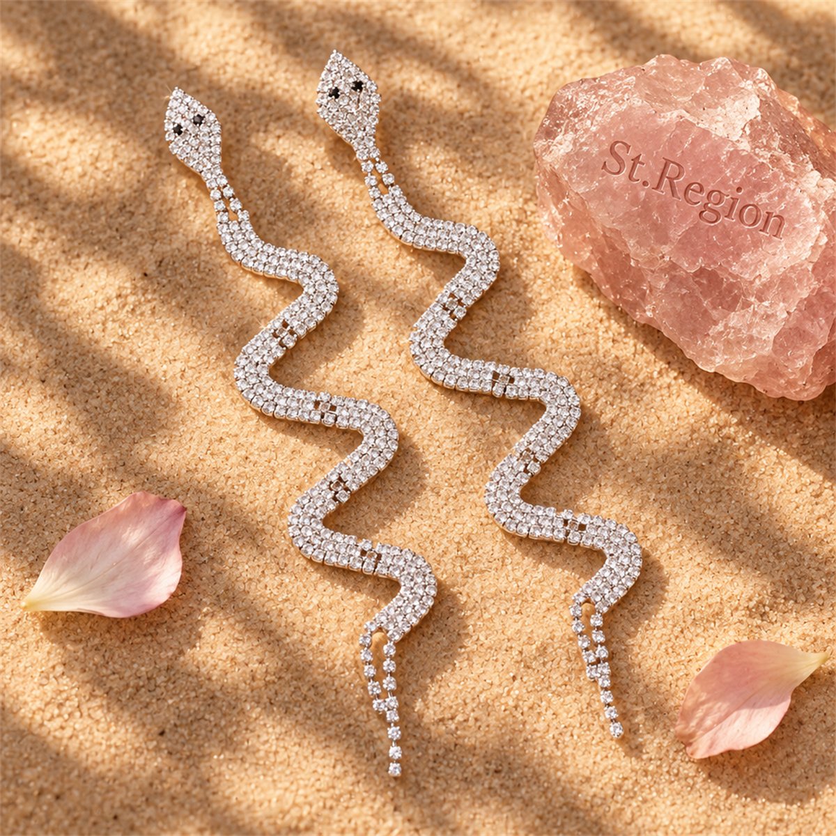 Cubic Zirconia and Silver-Plated Snake Drop Earrings, silver drop earrings for women, detail close-up