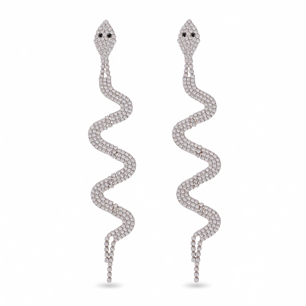 Cubic Zirconia and Silver-Plated Snake Drop Earrings, silver drop earrings for women, vintage-inspired design, side view