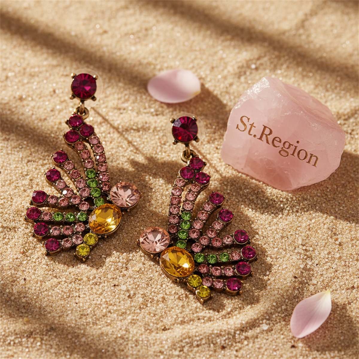 Cubic Zirconia and Orange Crystal 18K Gold-Plated Butterfly Drop Earrings, gold drop earrings for women, detail close-up