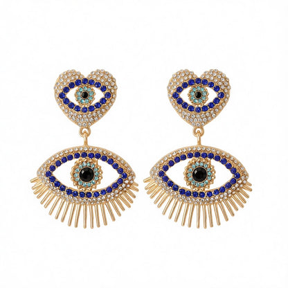 Blue Cubic Zirconia and 18K Gold-Plated Evil Eye Drop Earrings, gold drop earrings for women, side view