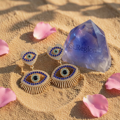 Blue Cubic Zirconia and 18K Gold-Plated Evil Eye Drop Earrings, gold drop earrings for women, detail close-up