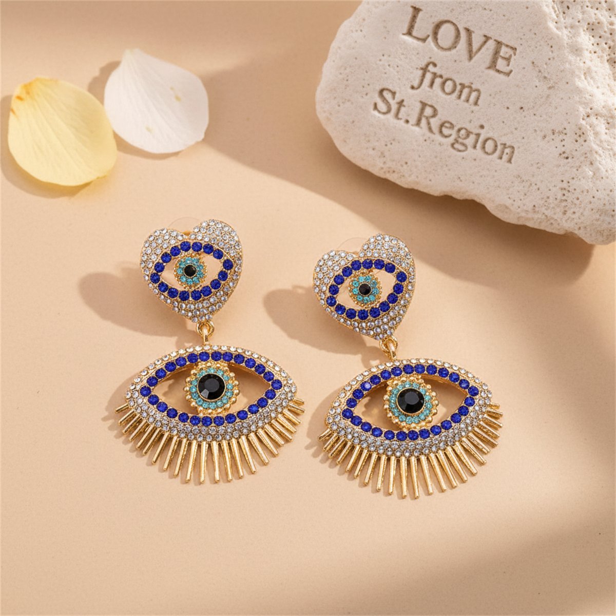 Blue Cubic Zirconia and 18K Gold-Plated Evil Eye Drop Earrings, gold drop earrings for women, lifestyle look