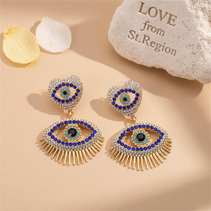 Blue Cubic Zirconia and 18K Gold-Plated Evil Eye Drop Earrings, gold drop earrings for women, lifestyle look