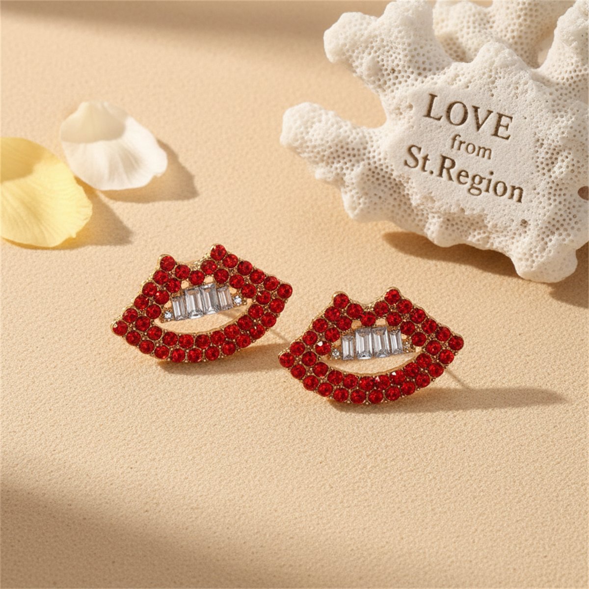 Red Cubic Zirconia and 18K Gold-Plated Lips Stud Earrings, cubic zirconia stud earrings for women, lifestyle look