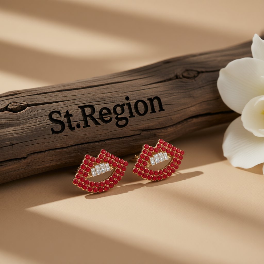 Red Cubic Zirconia and 18K Gold-Plated Lips Stud Earrings, cubic zirconia stud earrings for women, front view