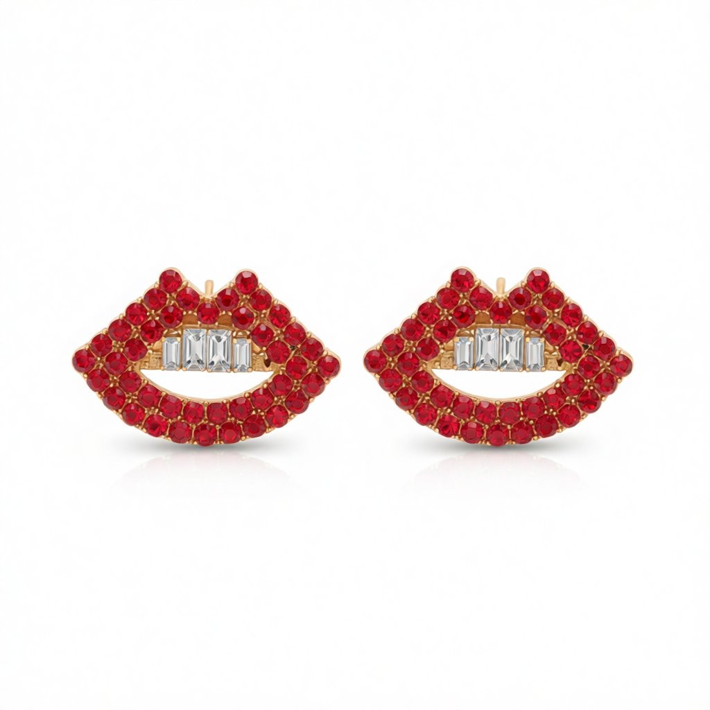 Red Cubic Zirconia and 18K Gold-Plated Lips Stud Earrings, cubic zirconia stud earrings for women, side view