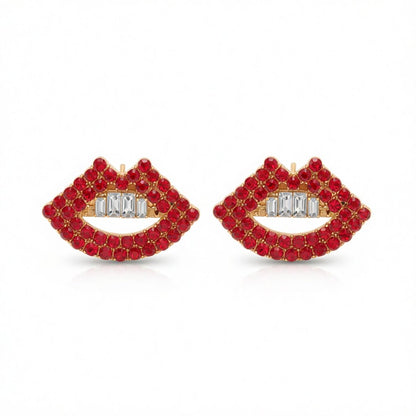 Red Cubic Zirconia and 18K Gold-Plated Lips Stud Earrings, cubic zirconia stud earrings for women, side view