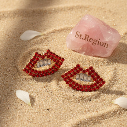 Red Cubic Zirconia and 18K Gold-Plated Lips Stud Earrings, cubic zirconia stud earrings for women, detail close-up