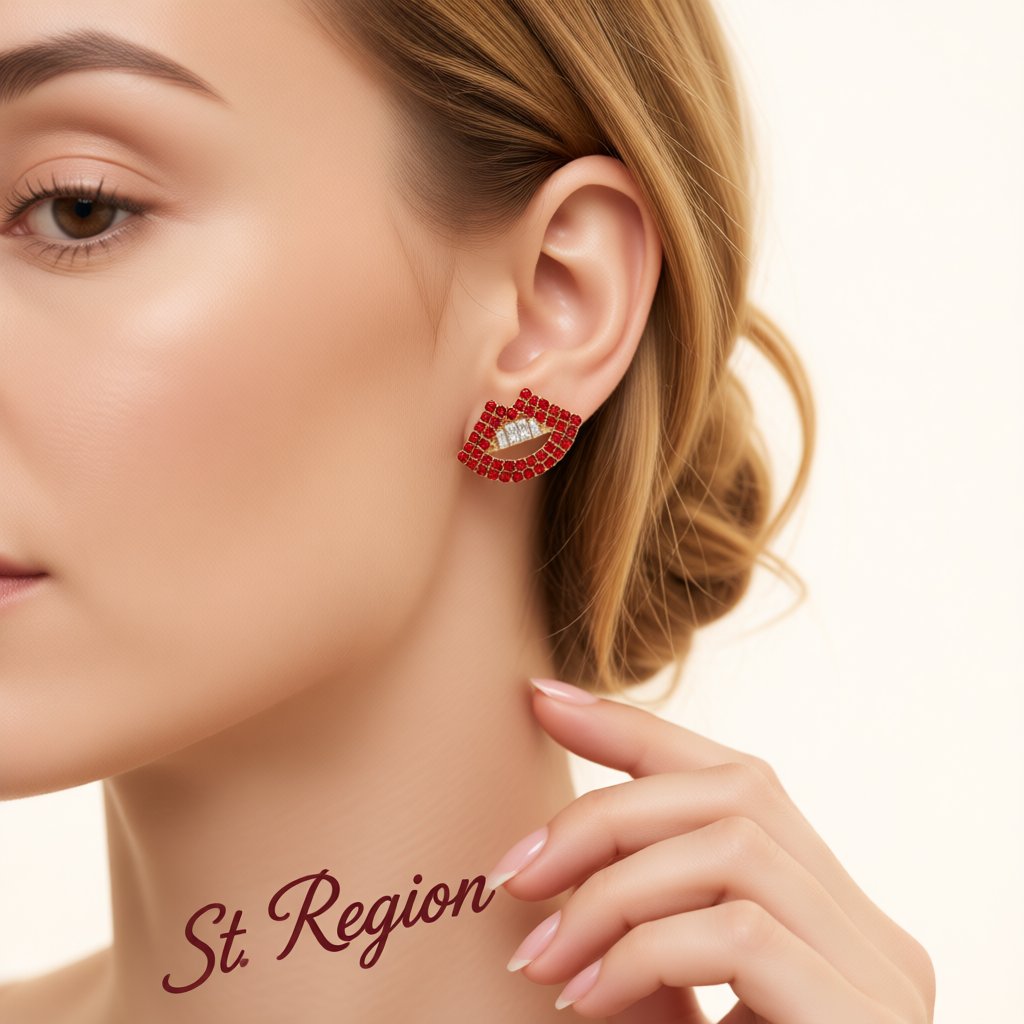 Red Cubic Zirconia and 18K Gold-Plated Lips Stud Earrings, cubic zirconia stud earrings for women, styled look