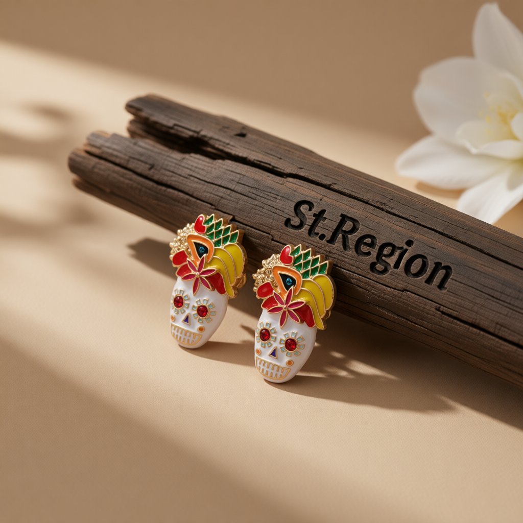 Cubic Zirconia and Enamel 18K Gold-Plated Masks Stud Earrings, gold stud earrings for women, elegant gift for her, front view