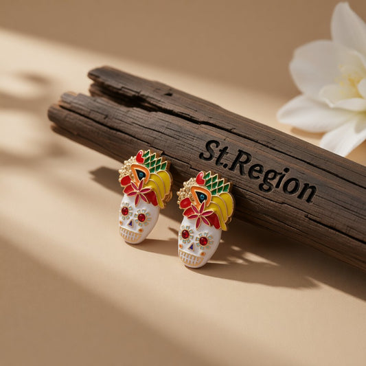 Cubic Zirconia and Enamel 18K Gold-Plated Masks Stud Earrings, gold stud earrings for women, elegant gift for her, front view