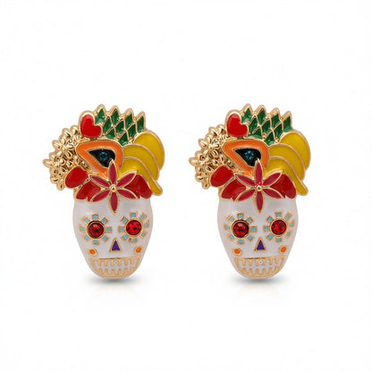Cubic Zirconia and Enamel 18K Gold-Plated Masks Stud Earrings, gold stud earrings for women, elegant gift for her, side view