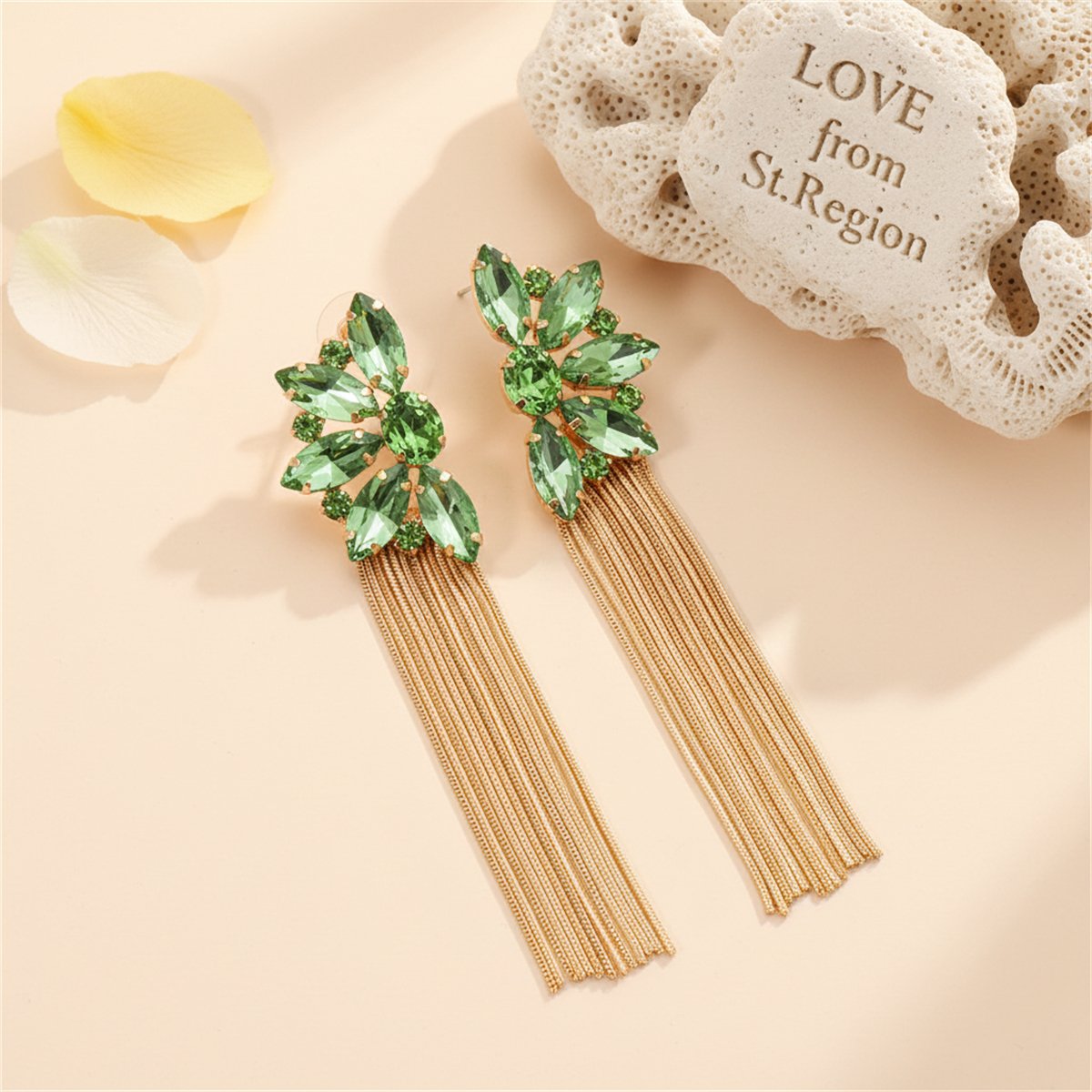 Green Crystal and 18K Gold-Plated Botany Tassel Drop Earrings, gold drop earrings for women, lifestyle look
