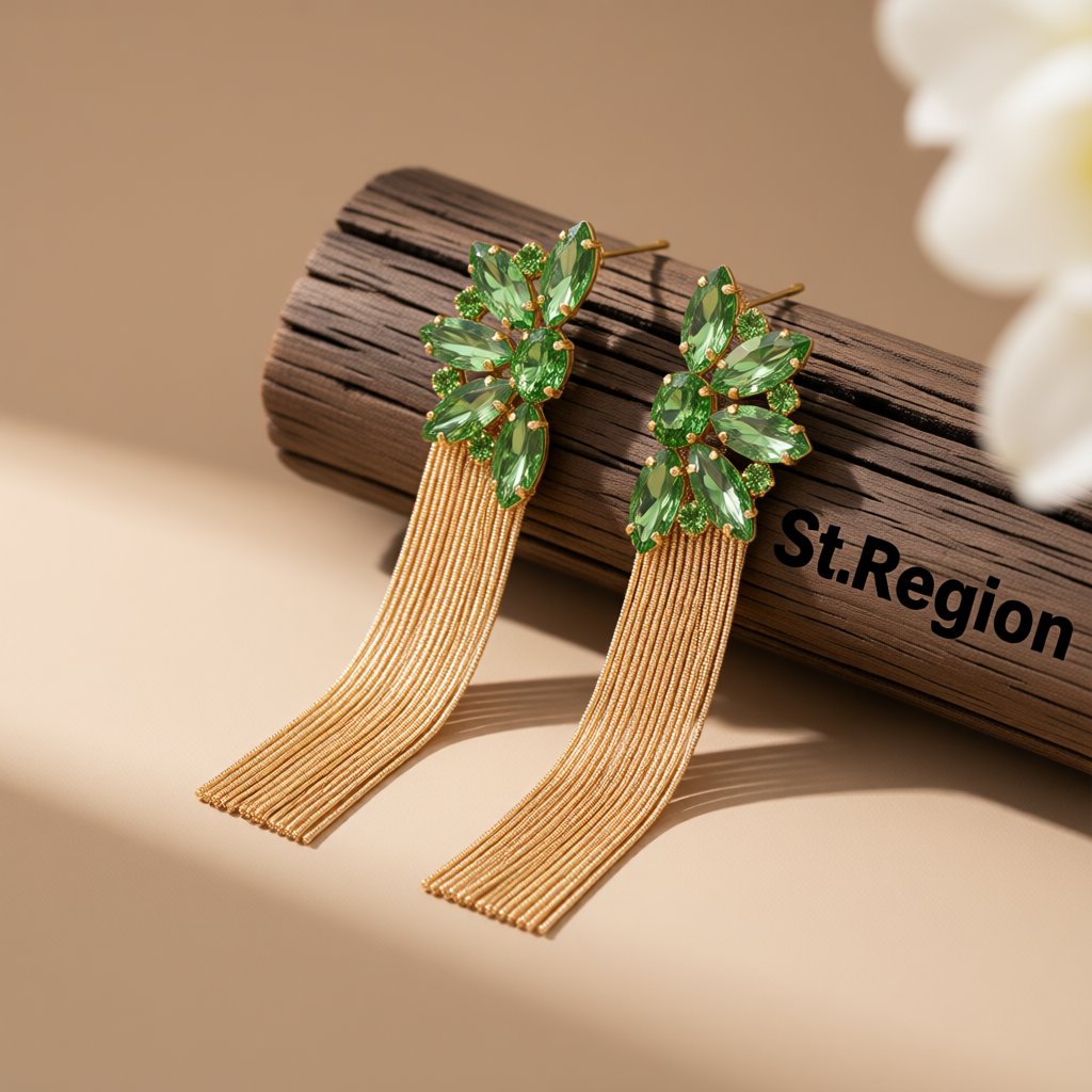 Green Crystal and 18K Gold-Plated Botany Tassel Drop Earrings, gold drop earrings for women, front view