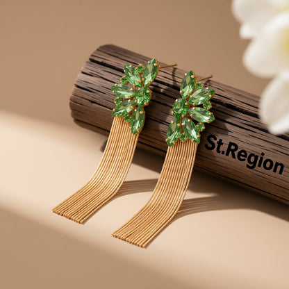 Green Crystal and 18K Gold-Plated Botany Tassel Drop Earrings, gold drop earrings for women, front view