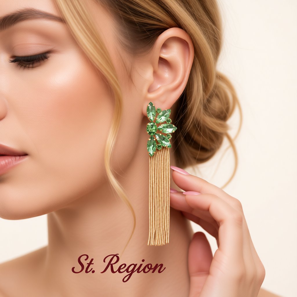 Green Crystal and 18K Gold-Plated Botany Tassel Drop Earrings, gold drop earrings for women, styled look