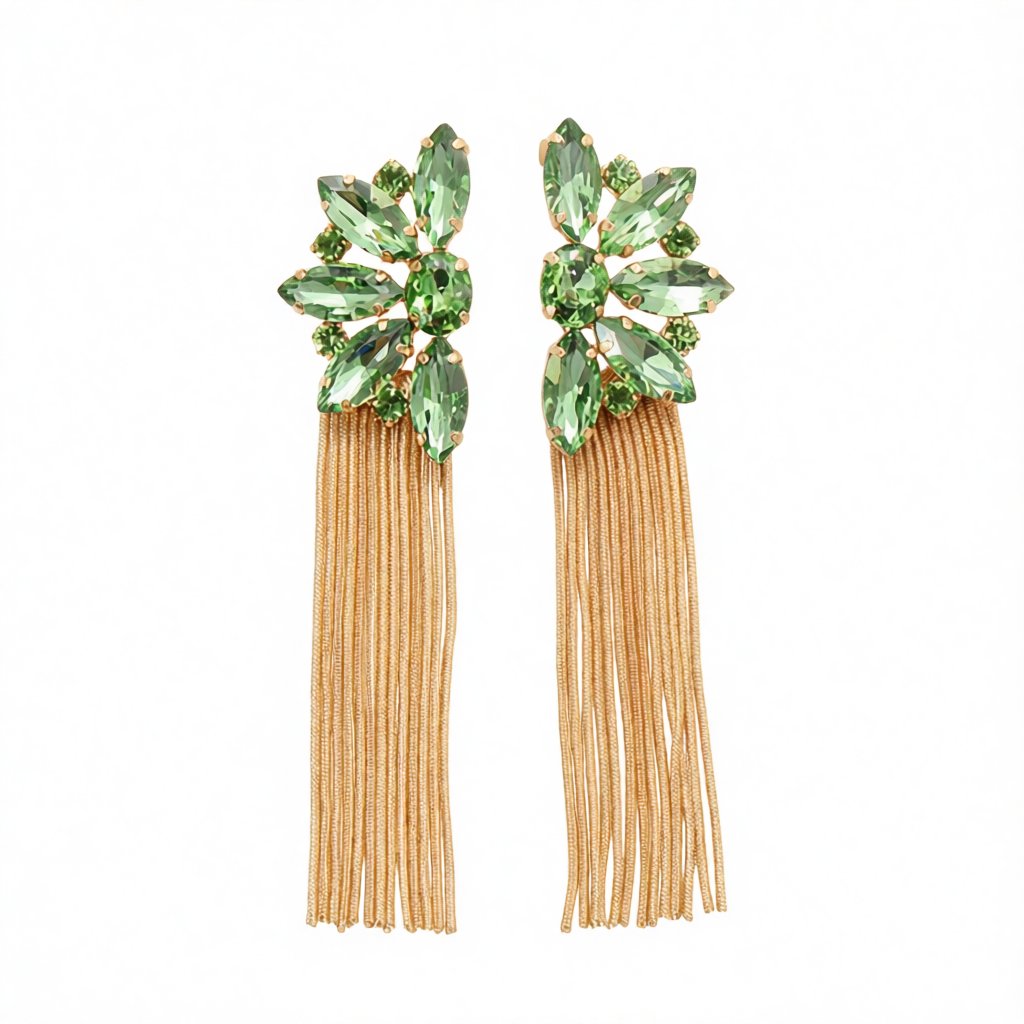 Green Crystal and 18K Gold-Plated Botany Tassel Drop Earrings, gold drop earrings for women, side view