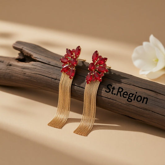 Red Crystal and Cubic Zirconia Floral Tassel Drop Earrings, drop earrings for women, vintage-inspired design, front view