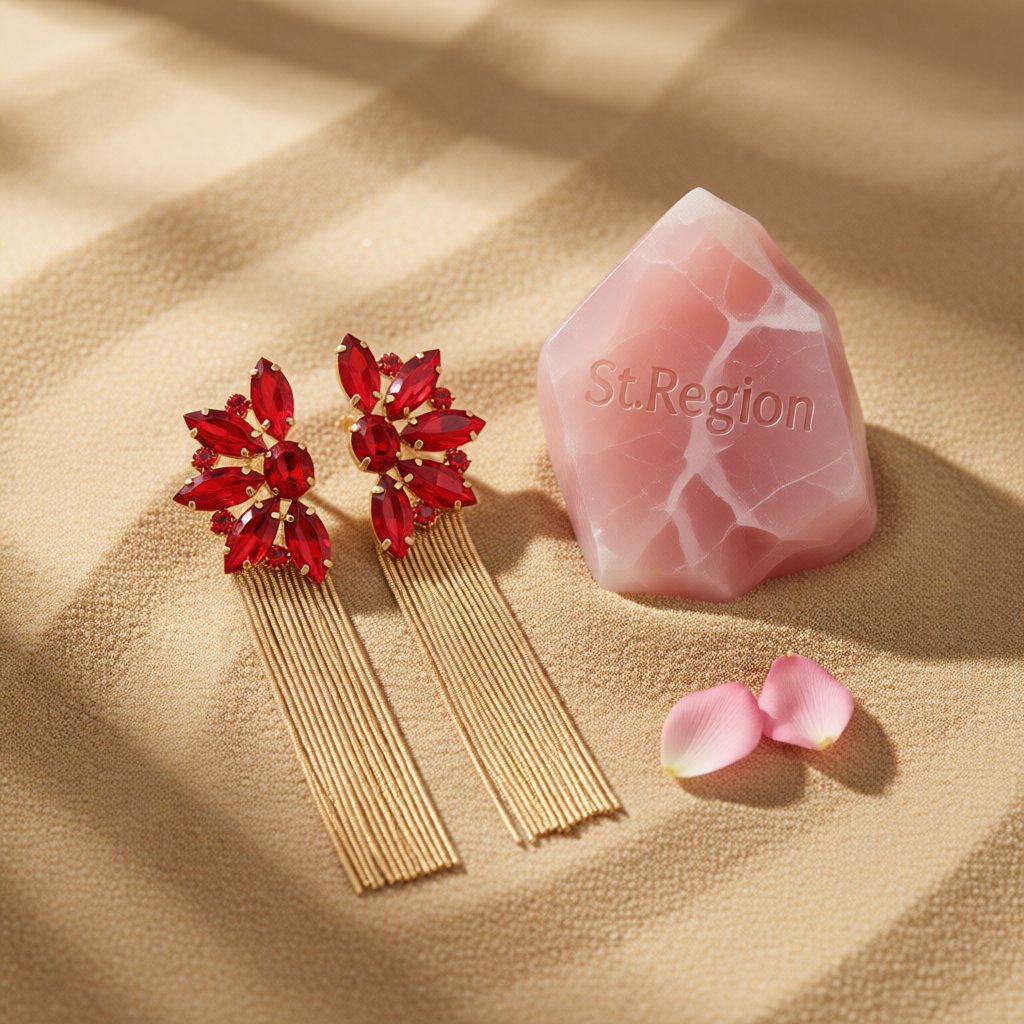 Red Crystal and Cubic Zirconia Floral Tassel Drop Earrings, drop earrings for women, everyday style, detail close-up