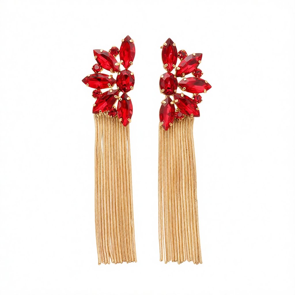 Red Crystal and Cubic Zirconia Floral Tassel Drop Earrings, drop earrings for women, everyday style, side view