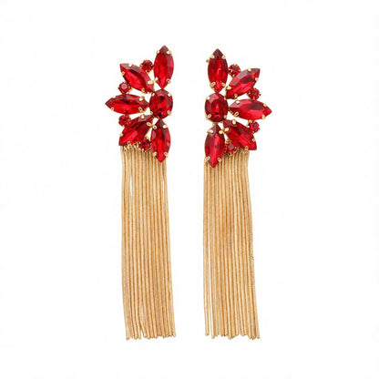 Red Crystal and Cubic Zirconia Floral Tassel Drop Earrings, drop earrings for women, everyday style, side view