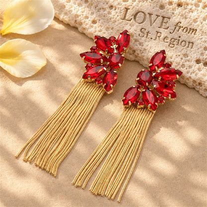 Red Crystal and Cubic Zirconia Floral Tassel Drop Earrings, drop earrings for women, everyday style, lifestyle look