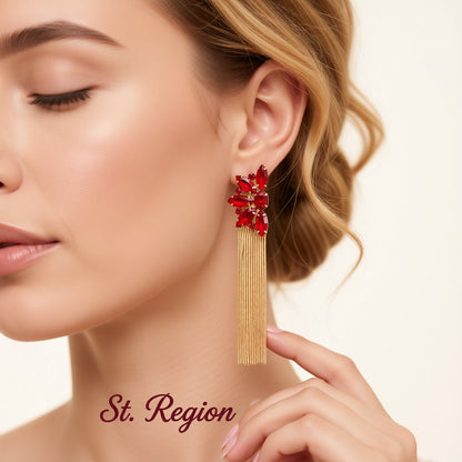 Red Crystal and Cubic Zirconia Floral Tassel Drop Earrings, drop earrings for women, everyday style, styled look