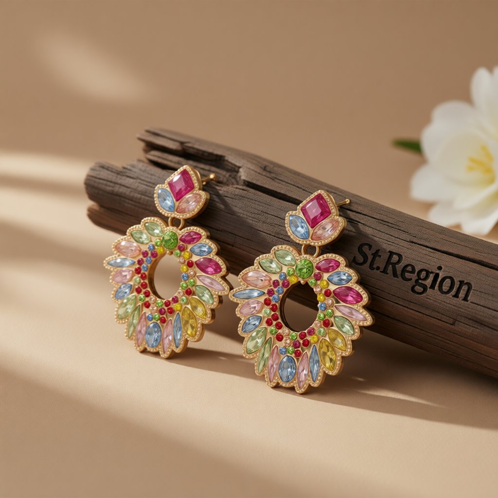 Multicolor Crystal and Cubic Zirconia Geometric Drop Earrings, drop earrings for women, elegant gift for her, front view