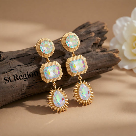 Crystal and 18K Gold-Plated Geometric Drop Earrings, gold drop earrings for women, botanical inspired, front view