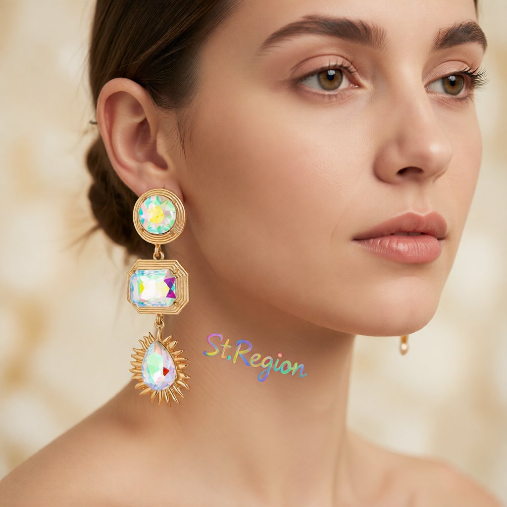 Crystal and 18K Gold-Plated Geometric Drop Earrings, gold drop earrings for women, vintage-inspired design, styled look