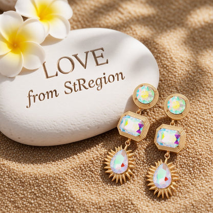 Crystal and 18K Gold-Plated Geometric Drop Earrings, gold drop earrings for women, vintage-inspired design, lifestyle look