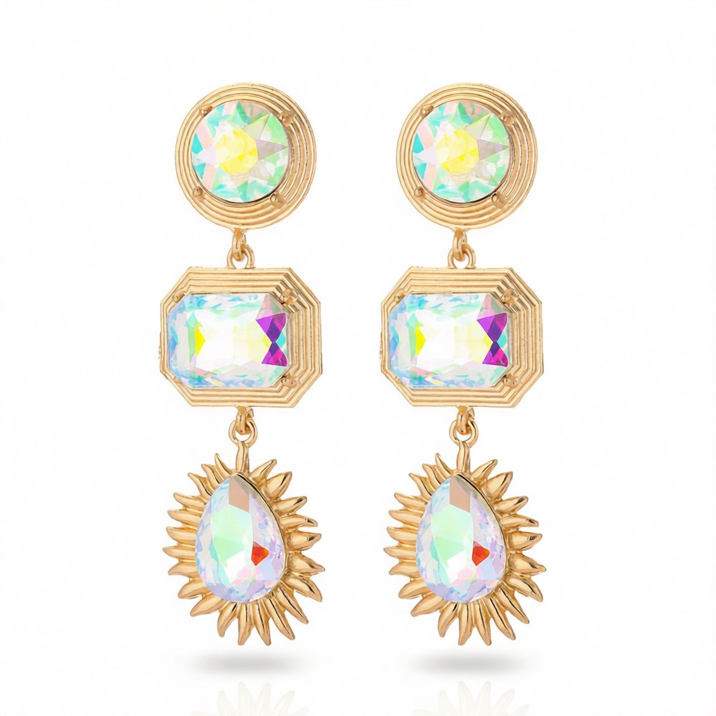 Crystal and 18K Gold-Plated Geometric Drop Earrings, gold drop earrings for women, vintage-inspired design, side view