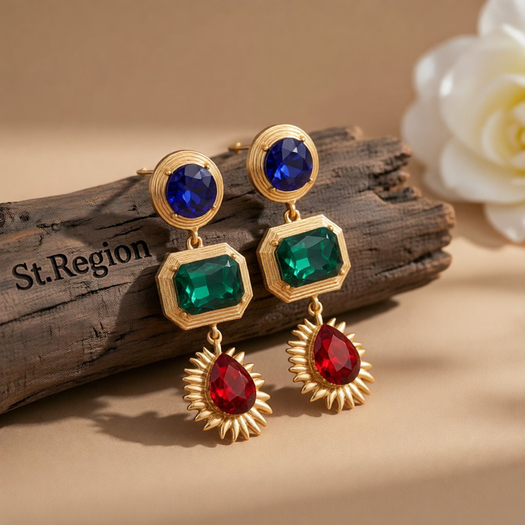 Green Crystal and 18K Gold-Plated Patchwork Geometric Drop Earrings, gold drop earrings for women, front view