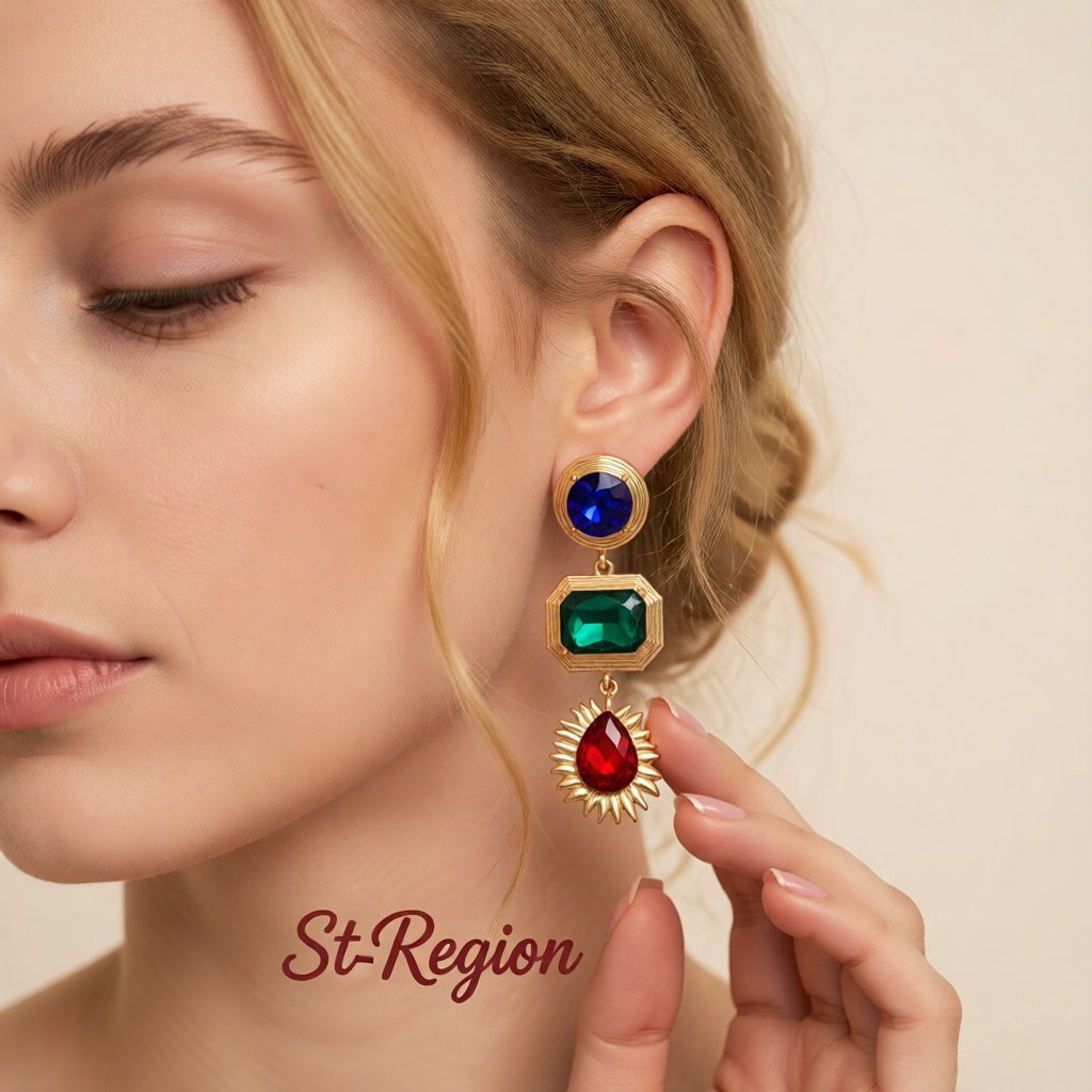 Green Crystal and 18K Gold-Plated Patchwork Geometric Drop Earrings, gold drop earrings for women, styled look