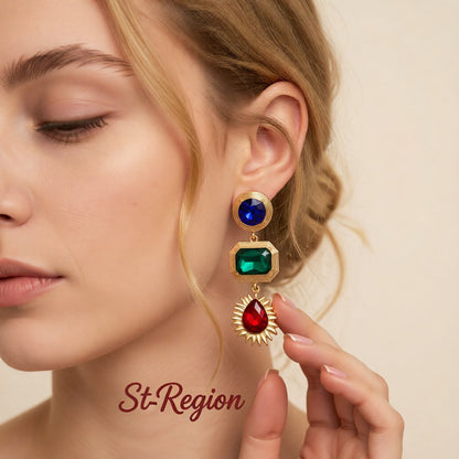 Green Crystal and 18K Gold-Plated Patchwork Geometric Drop Earrings, gold drop earrings for women, styled look