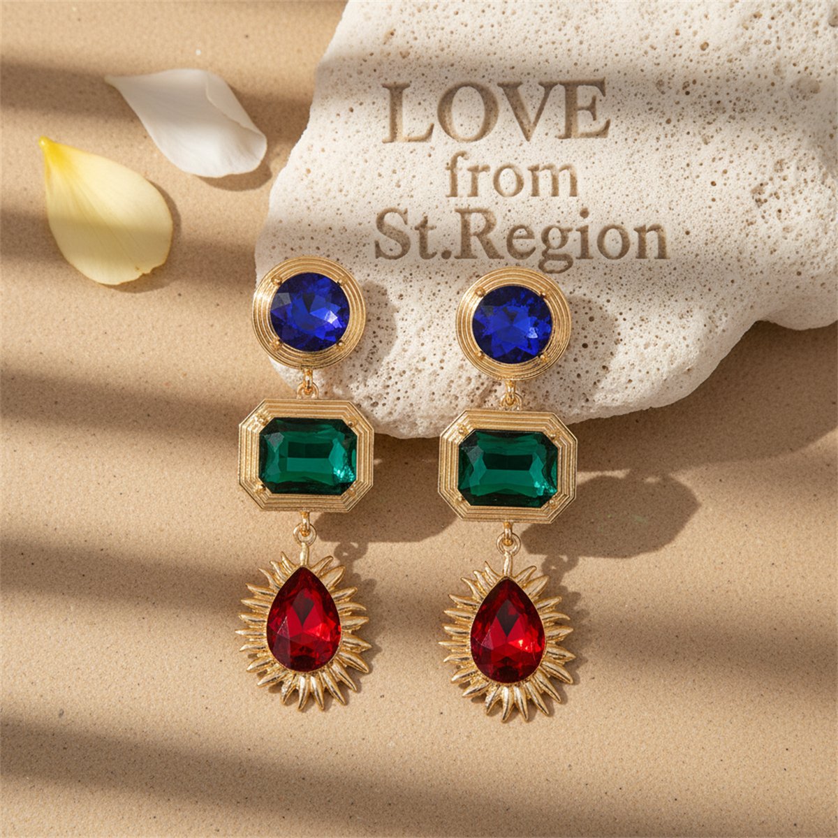 Green Crystal and 18K Gold-Plated Patchwork Geometric Drop Earrings, gold drop earrings for women, lifestyle look