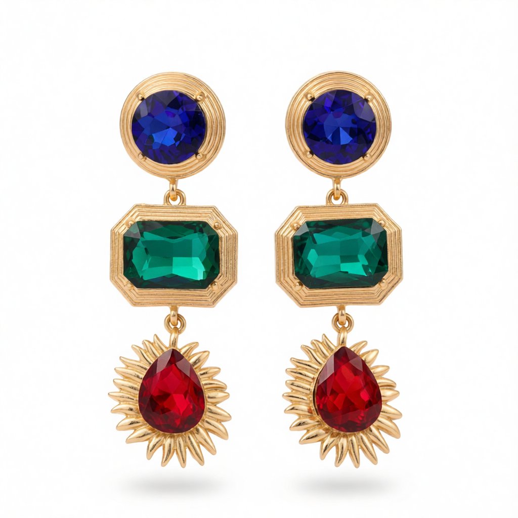 Green Crystal and 18K Gold-Plated Patchwork Geometric Drop Earrings, gold drop earrings for women, side view