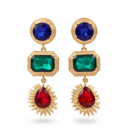 Green Crystal and 18K Gold-Plated Patchwork Geometric Drop Earrings, gold drop earrings for women, side view