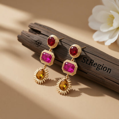 Pink Crystal and 18K Gold-Plated Geometric Drop Earrings, gold drop earrings for women, dainty minimalist design, front view