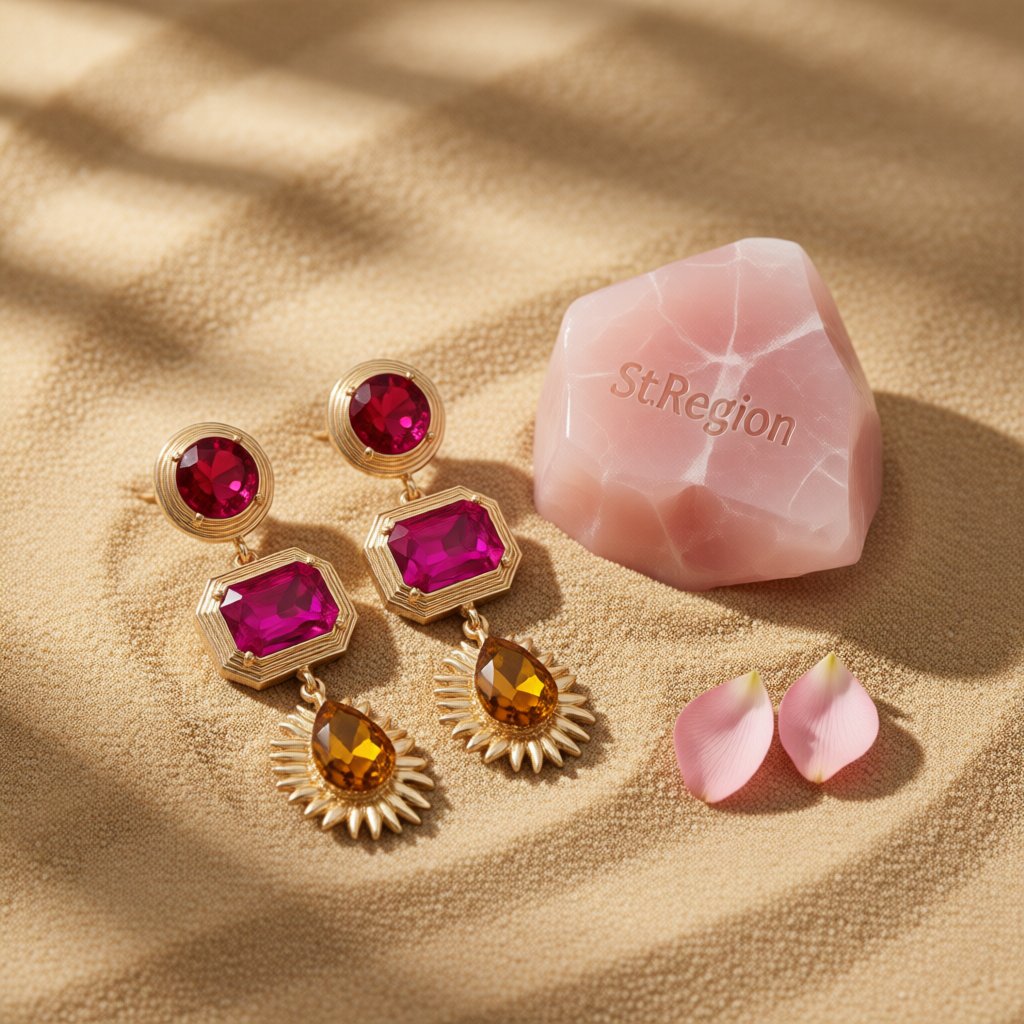 Pink Crystal and 18K Gold-Plated Geometric Drop Earrings, gold drop earrings for women, detail close-up