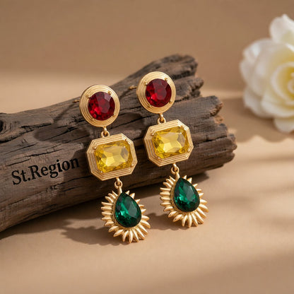 Yellow Crystal and 18K Gold-Plated Geometric Drop Earrings, gold drop earrings for women, botanical inspired, front view